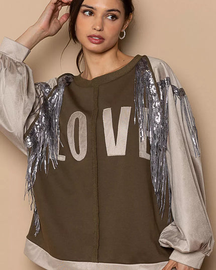 POL Balloon Sleeve French Terry Sweatshirt with Sequin Tassel - Sleekdenim.com
