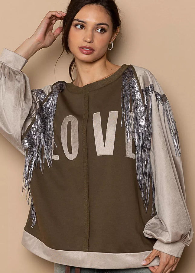 POL Balloon Sleeve French Terry Sweatshirt with Sequin Tassel - Sleekdenim.com