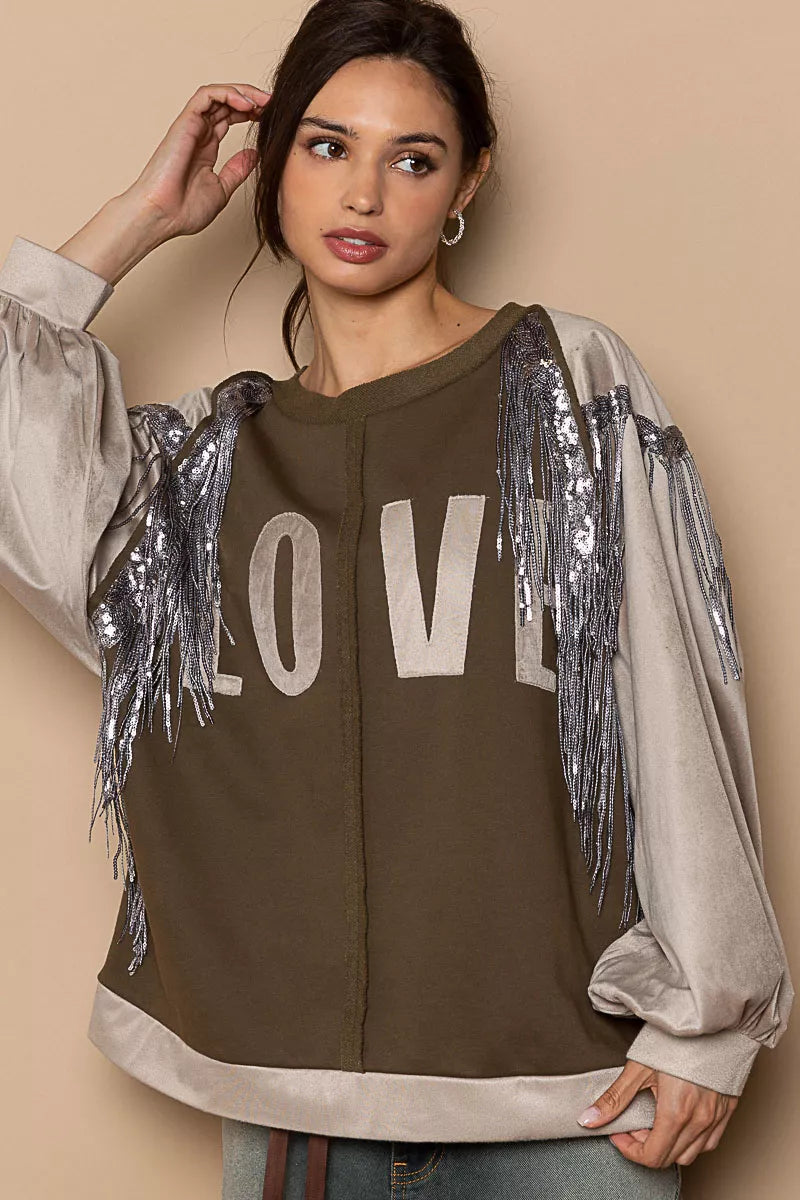 POL Balloon Sleeve French Terry Sweatshirt with Sequin Tassel - Sleekdenim.com