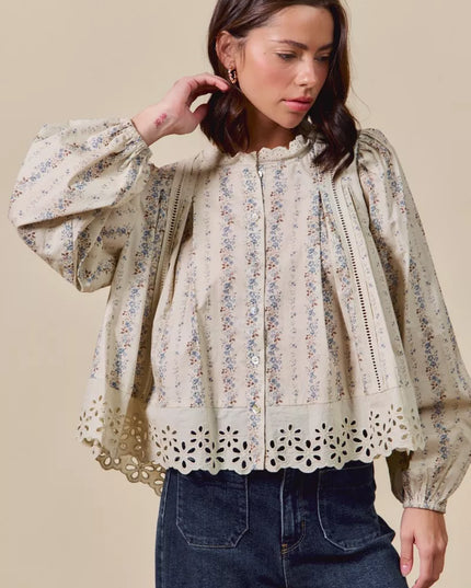 SO ME Floral Print Lace Button Down Shirt - Sleekdenim.com