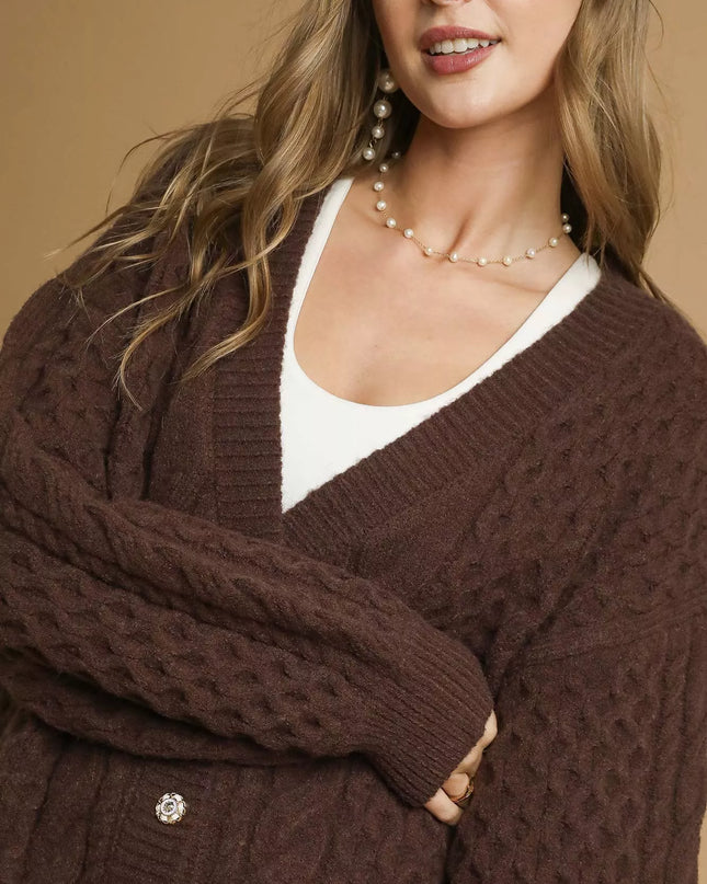 Umgee Cable Knit Pearl Button Cardigan - Sleekdenim.com