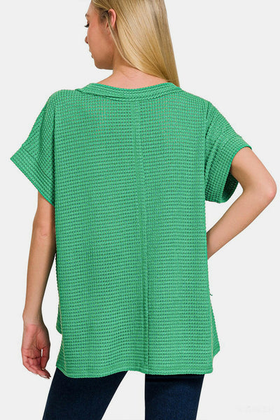 Zenana Waffle Exposed-Seam Short Sleeve T-Shirt K Green