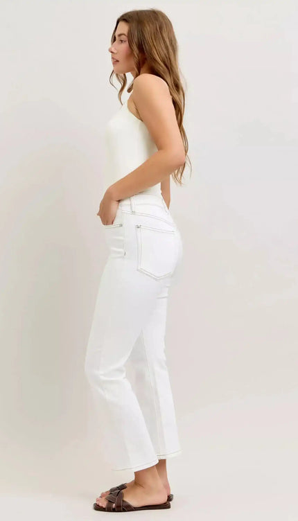 Judy Blue Contrast Stitching Cropped Flare Perfect White Jeans 881080 - Sleekdenim.com