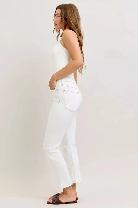 Judy Blue Contrast Stitching Cropped Flare Perfect White Jeans 881080 - Sleekdenim.com