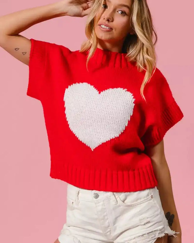 BiBi Rib Banded Heart Pattern Valentines Sweater - Sleekdenim.com