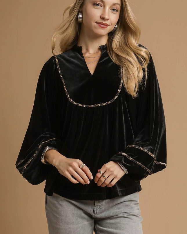 Umgee Velvet Long Sleeve Blouse with Contrast Trim - Sleekdenim.com