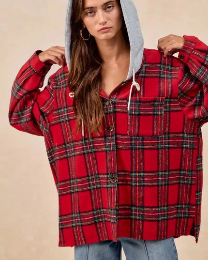 BiBi Brushed Plaid Hooded Jacket - Sleekdenim.com