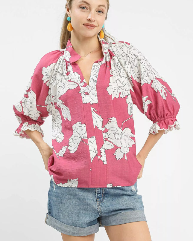 Umgee Peony Illustration Print Flounce Sleeve Blouse - Sleekdenim.com