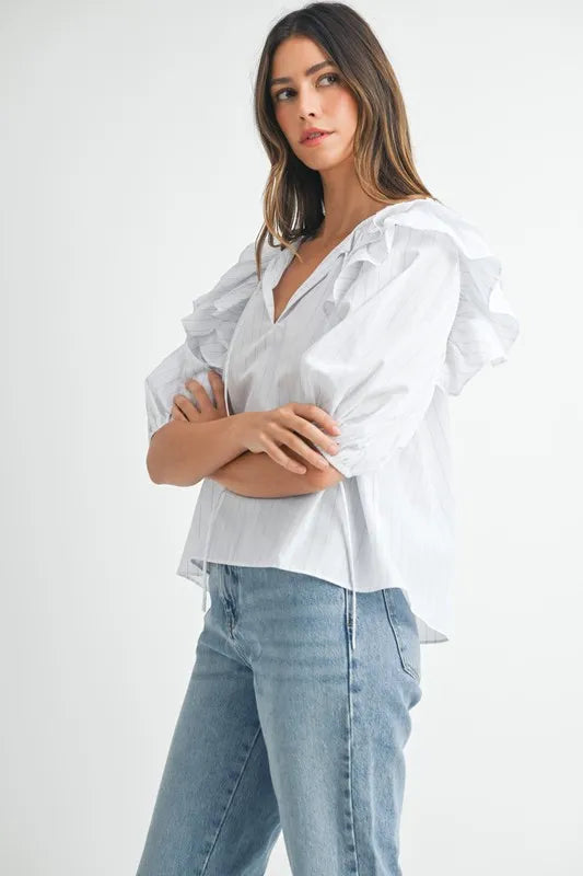 MABLE Stripe Ruffle Shoulder Puff Sleeve Blouse - Sleekdenim.com