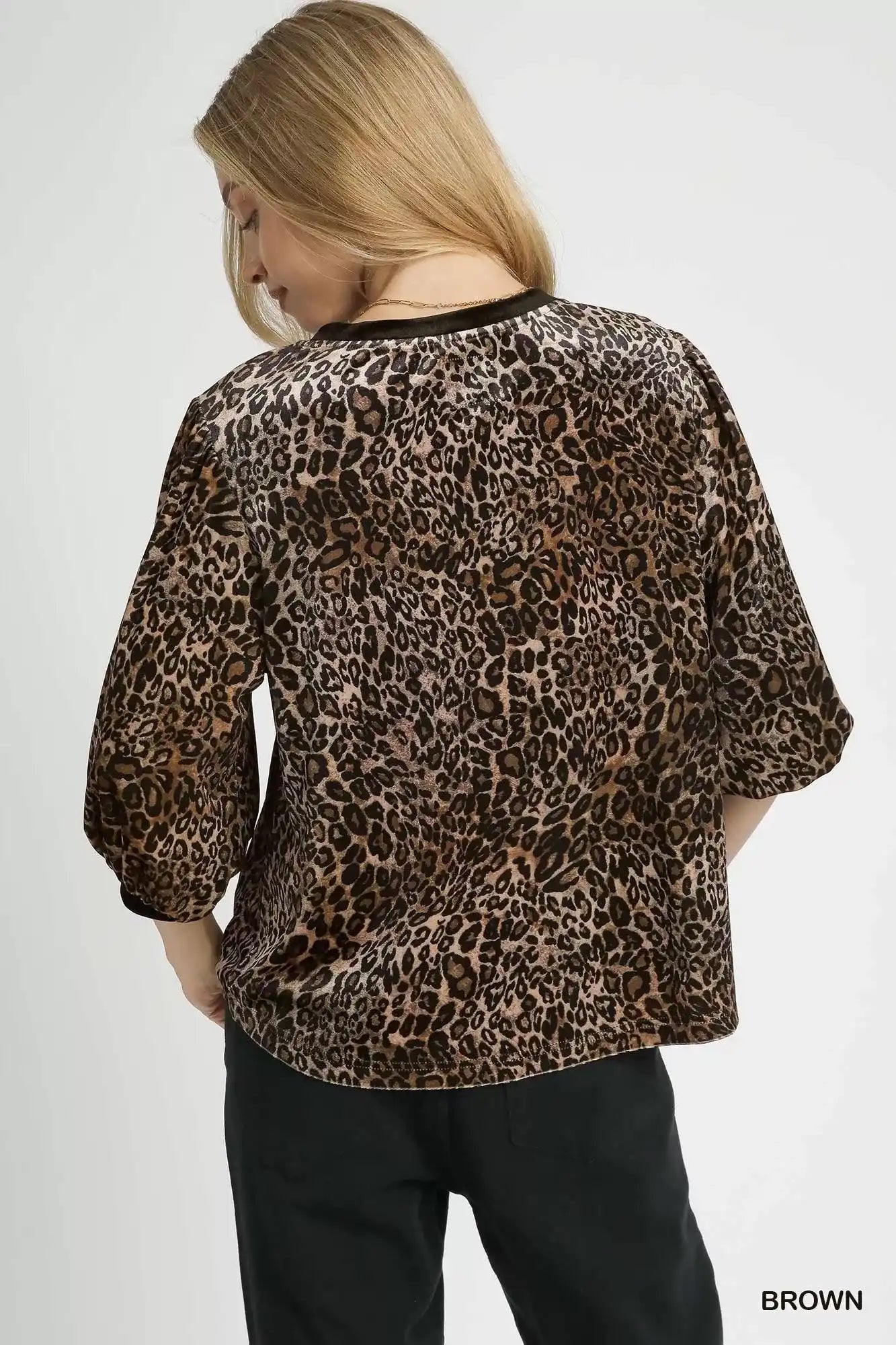 Umgee Leopard Round Neck Three-Quarter Sleeve Blouse - Sleekdenim.com