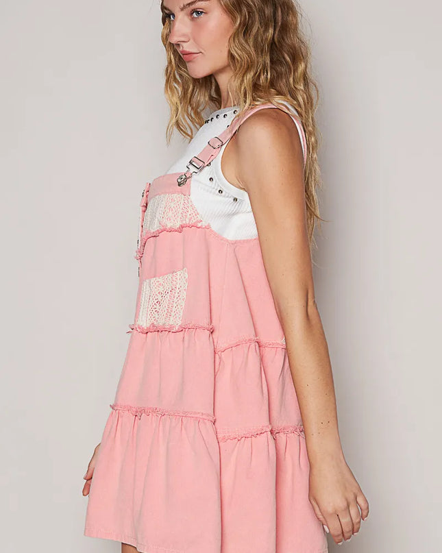 POL Lace Patchwork Detail Denim Overall Dress - Sleekdenim.com