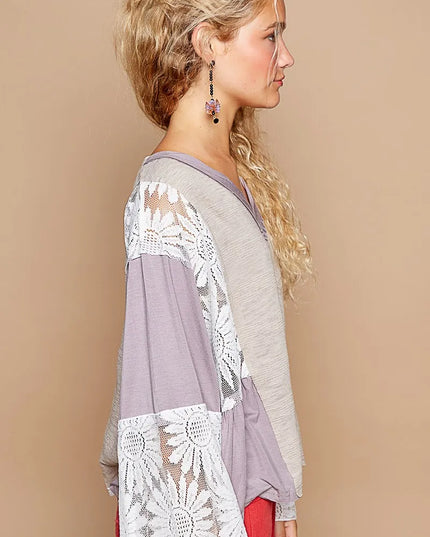 POL Lace Detail V-Neck Flare Sleeve Blouse - Sleekdenim.com