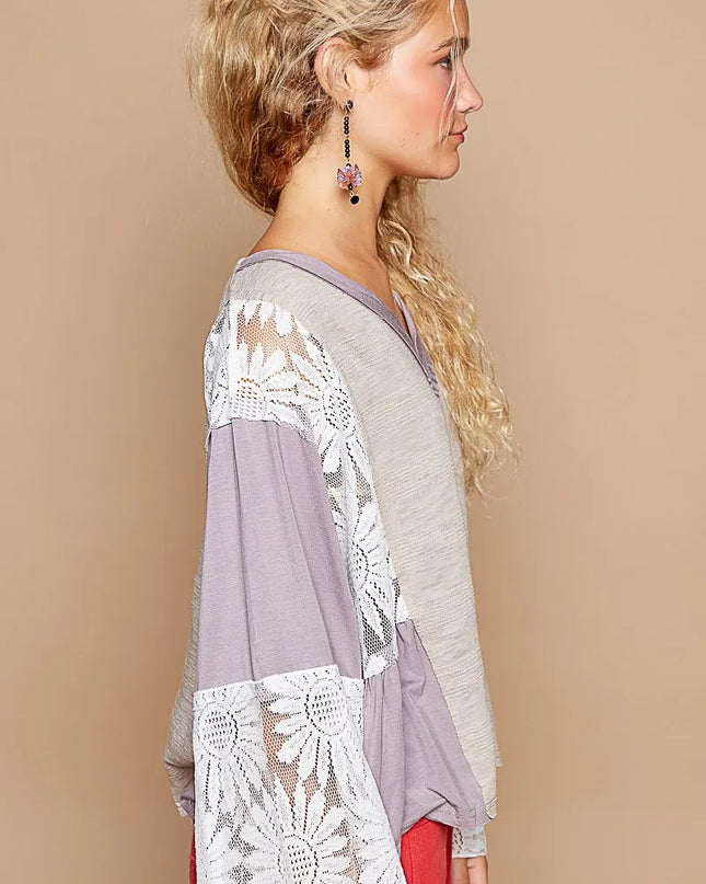 POL Lace Detail V-Neck Flare Sleeve Blouse - Sleekdenim.com