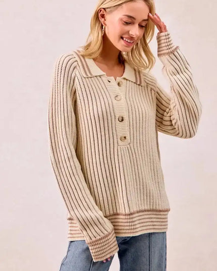 BiBi Half Button Ribbed Two Tone Sweater - Sleekdenim.com