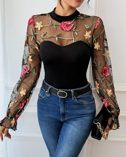 Floral Embroidered Mesh Long Sleeve Bodysuit - Sleekdenim.com