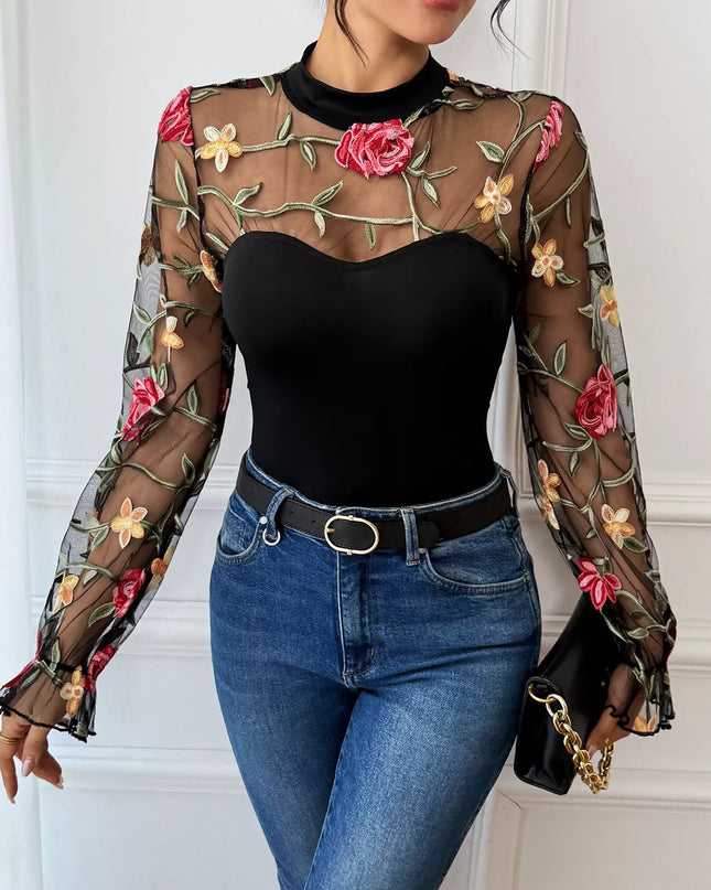 Floral Embroidered Mesh Long Sleeve Bodysuit - Sleekdenim.com