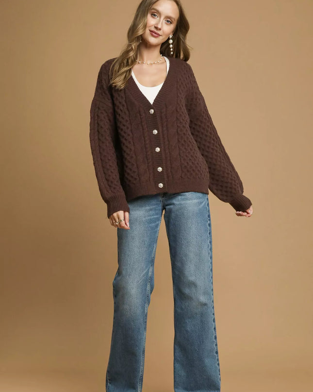 Umgee Cable Knit Pearl Button Cardigan - Sleekdenim.com