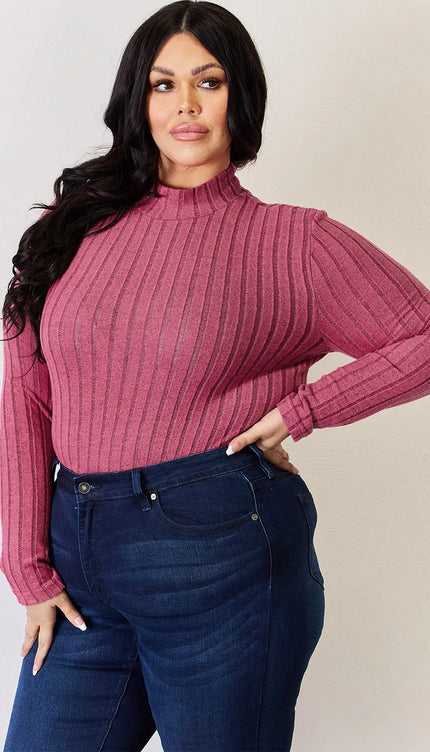Basic Bae Full Size Ribbed Mock Neck Long Sleeve T-Shirt - Trendsi