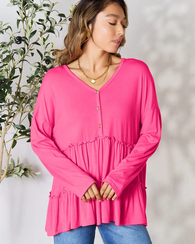 Double Take Half Button Long Sleeve Ruffle Hem Blouse - Sleekdenim.com