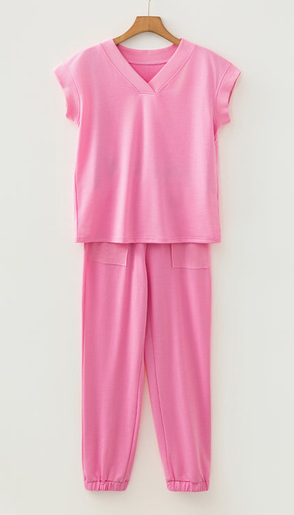 Bonbon Solid Color V Neck Tee Drawstring Pant Set - Sleekdenim.com