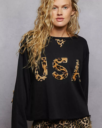 POL Round Neck Long Sleeve French Terry Sweatshirt with USA Letter Animal Patch - Sleekdenim.com