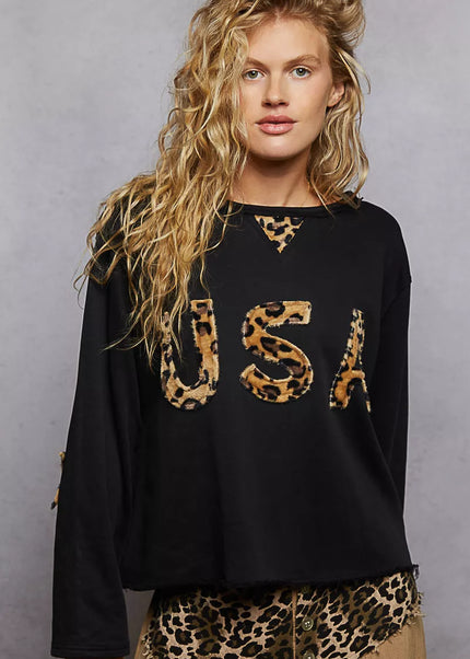 POL Round Neck Long Sleeve French Terry Sweatshirt with USA Letter Animal Patch - Sleekdenim.com