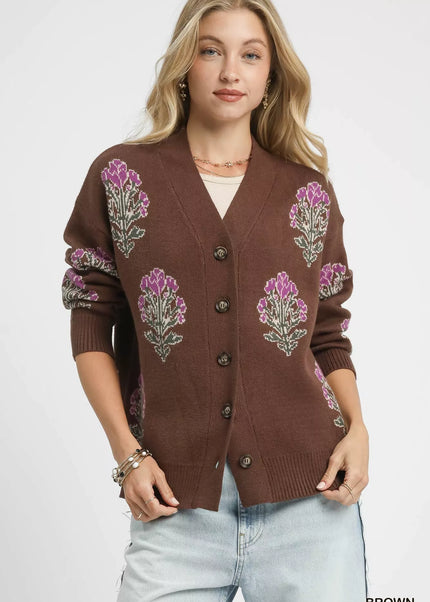 Umgee Single Flower Stem Jacquard Cardigan Sweater - Sleekdenim.com