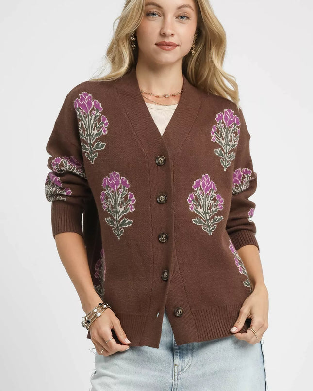Umgee Single Flower Stem Jacquard Cardigan Sweater - Sleekdenim.com