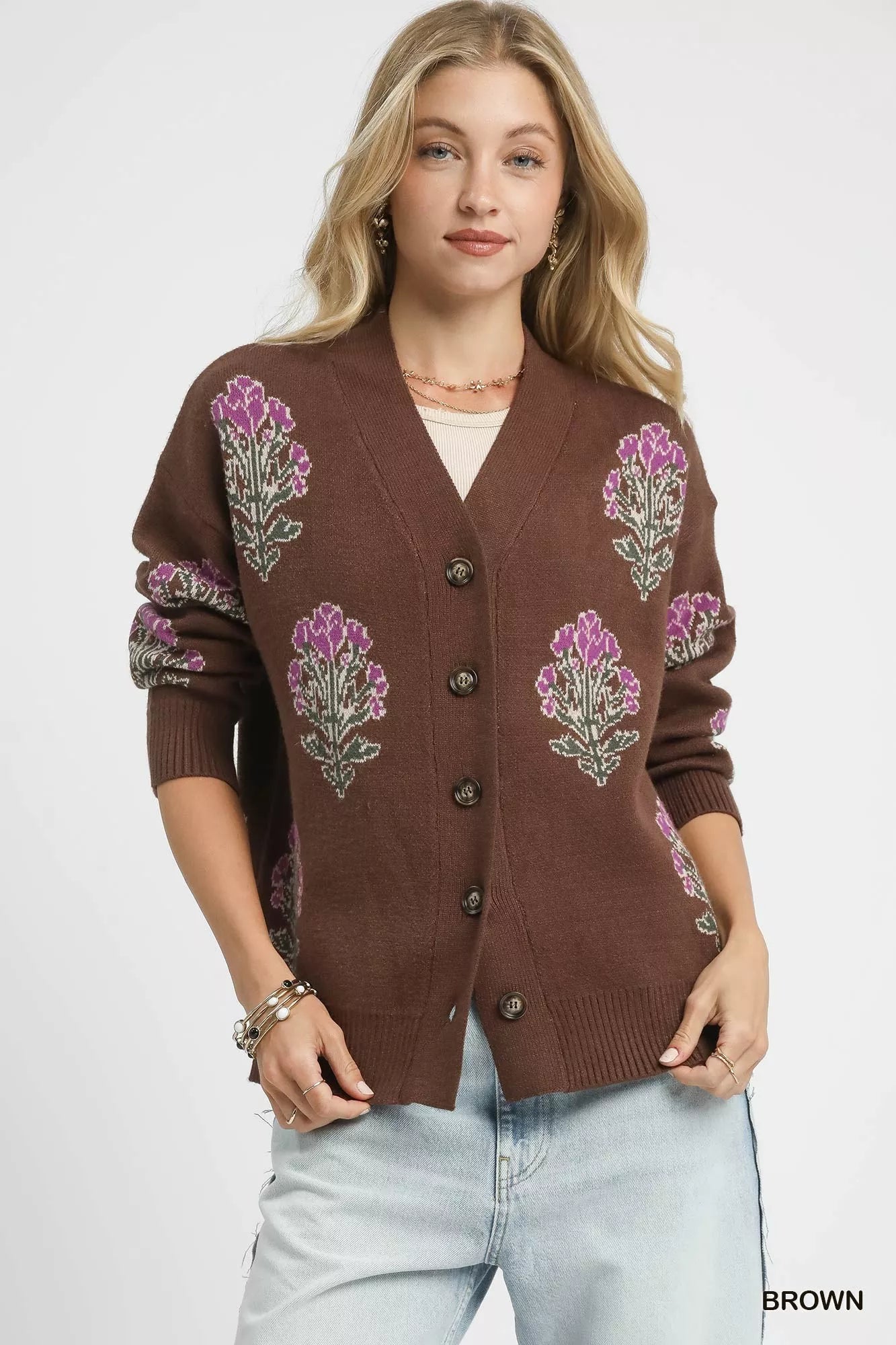 Umgee Single Flower Stem Jacquard Cardigan Sweater - Sleekdenim.com