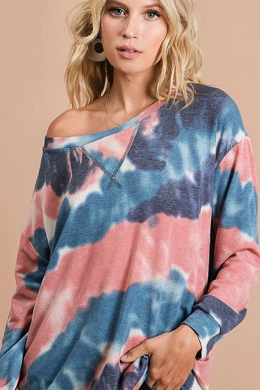 BiBi Tie Dye French Terry Pull Over with Front Stitching Detail - Sleekdenim.com