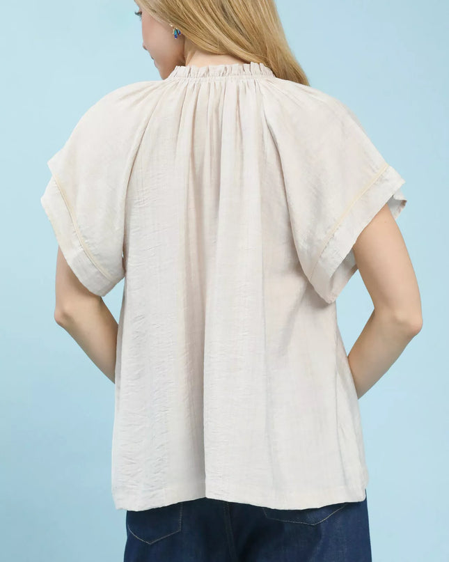 Umgee Embroidered Boho Blouse with Tassel Tie - Sleekdenim.com