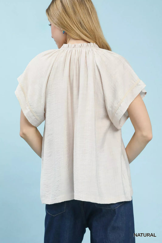 Umgee Embroidered Boho Blouse with Tassel Tie - Sleekdenim.com