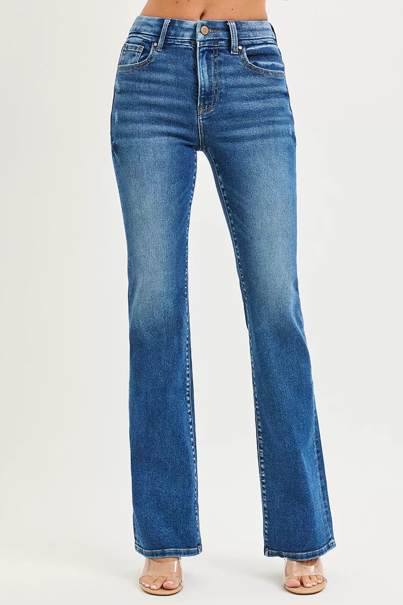RISEN High Rise Bootcut Jeans With Distressed Details - Sleekdenim.com