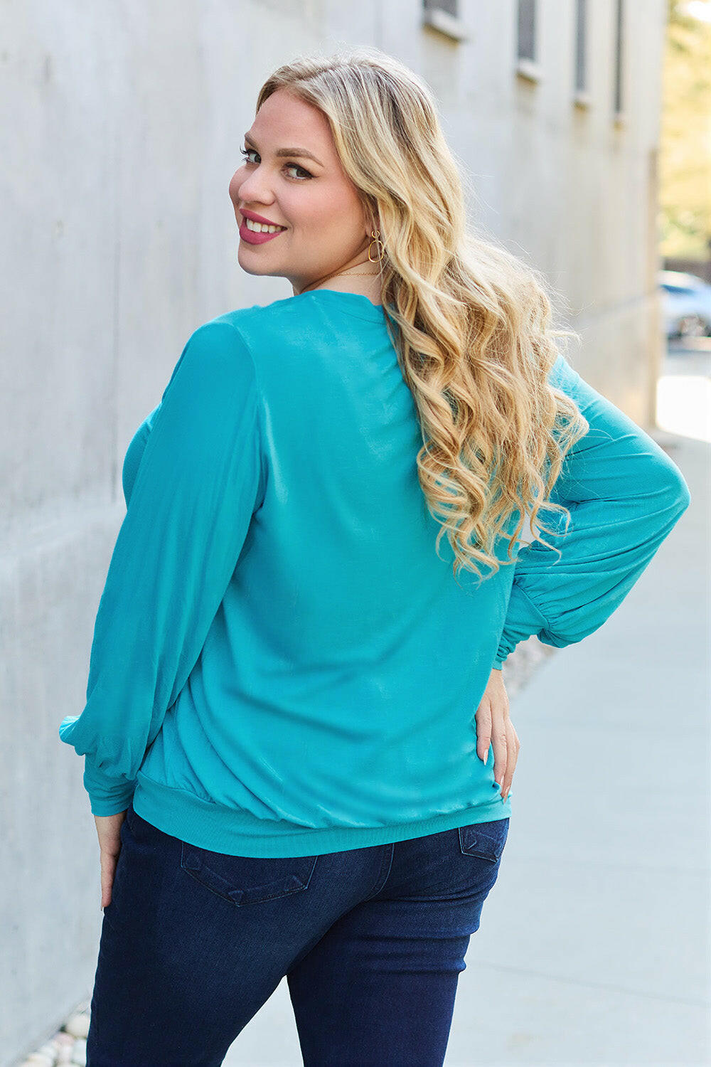 Basic Bae Full Size V-Neck Lantern Sleeve Top Sky Blue