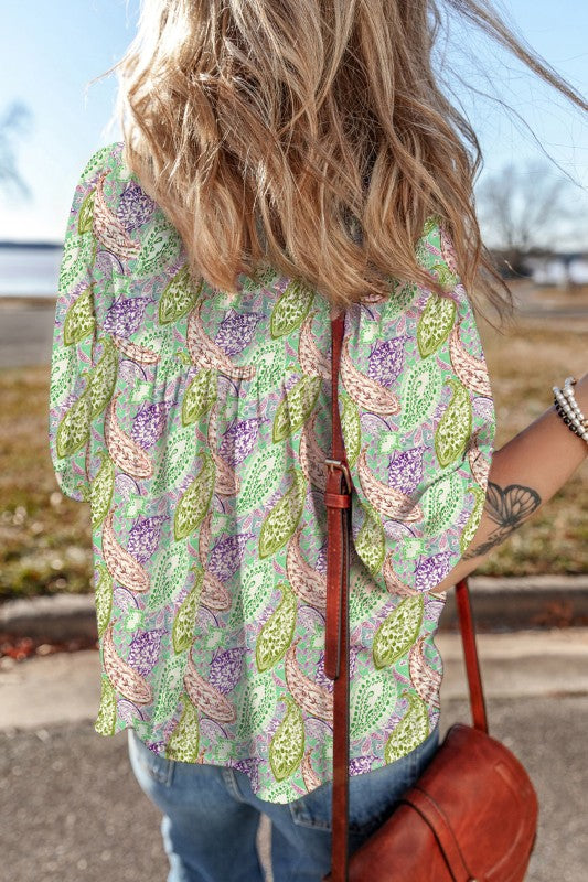 Boho Paisley Short Puff Sleeve V-Neck Blouse - 2