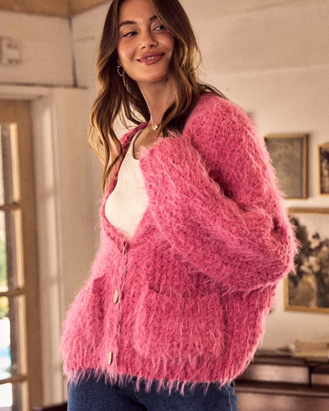 SO ME Soft Touch Hairy Loose Fit Cozy Sweater Cardigan - Sleekdenim.com