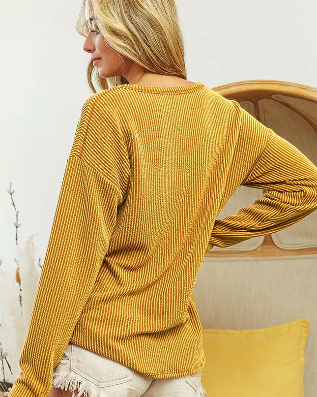 BiBi Wavy Two Tone Rib Notch Neck Patch Pocket Top - Sleekdenim.com