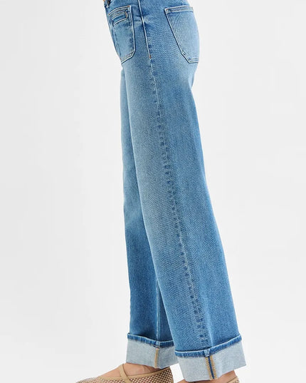 RISEN Full Size Elastic Band Mid Rise Wide Front Patch Pocket Cuff Jeans Plus Size - Sleekdenim.com