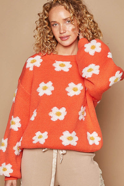 a girl wearing POL Daisy Pattern Drop Shoulder Sweater