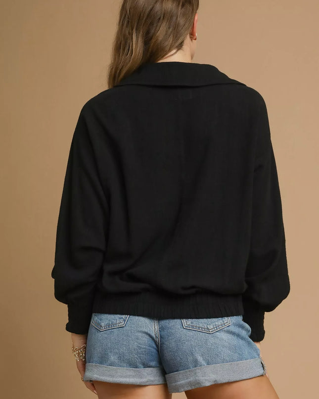 Umgee Linen Long Sleeves Elastic Hem Blouse - Sleekdenim.com