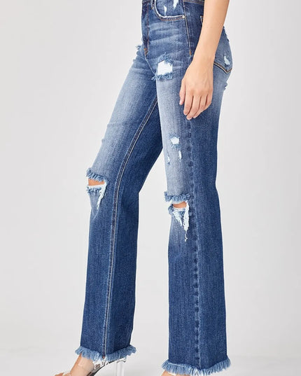 Risen Full Size Raw Hem Distressed Straight Jeans - Sleekdenim.com