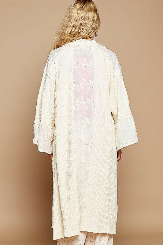 POL Flower Lace Trim Open Front Longline Cardigan | Sleekdenim.com