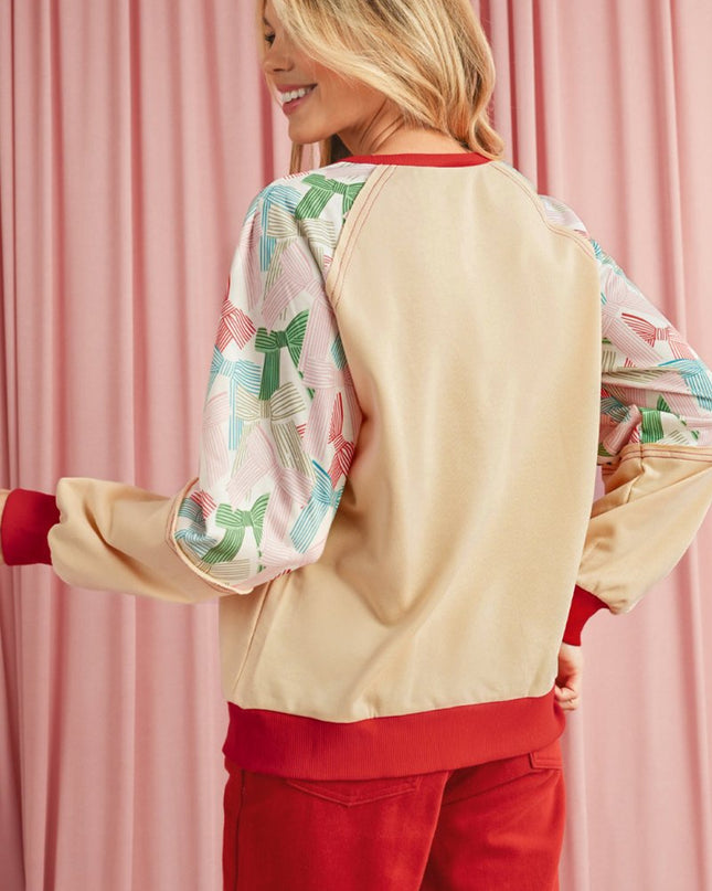 Beige Bowknot Print Patchwork Raglan Sleeve Top - Sleekdenim.com
