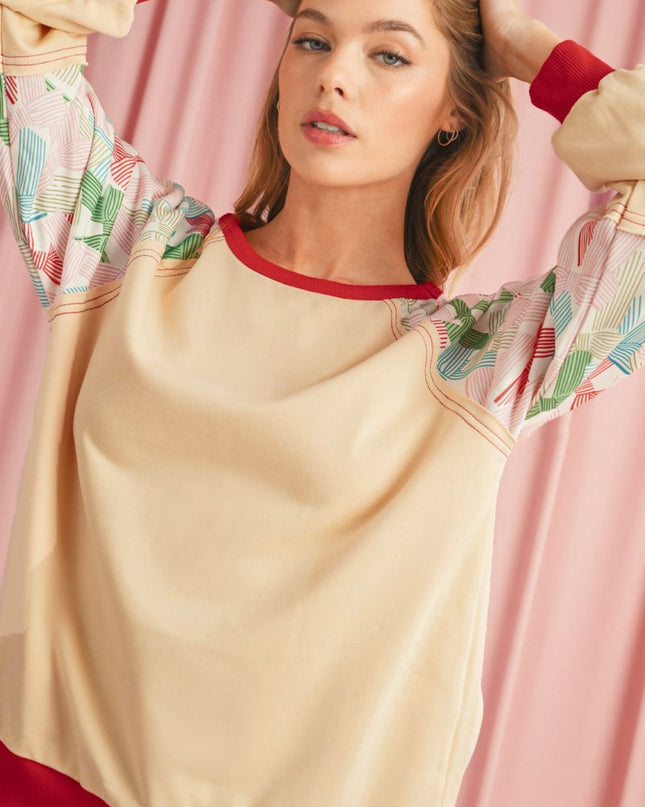 Beige Bowknot Print Patchwork Raglan Sleeve Top - Sleekdenim.com
