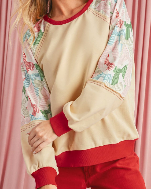 Beige Bowknot Print Patchwork Raglan Sleeve Top - Sleekdenim.com
