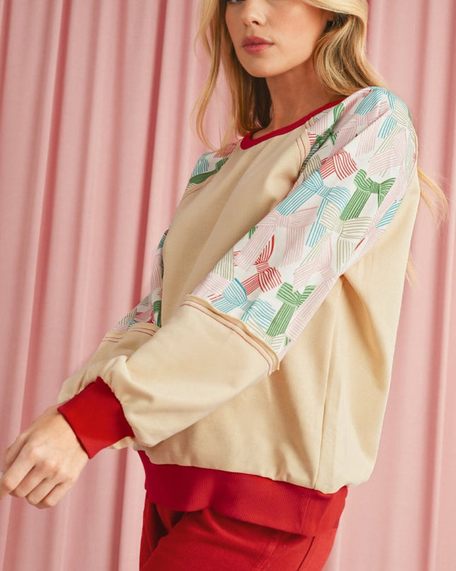 Beige Bowknot Print Patchwork Raglan Sleeve Top - Sleekdenim.com