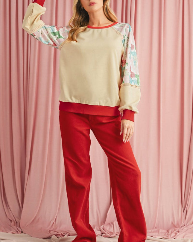 Beige Bowknot Print Patchwork Raglan Sleeve Top - Sleekdenim.com