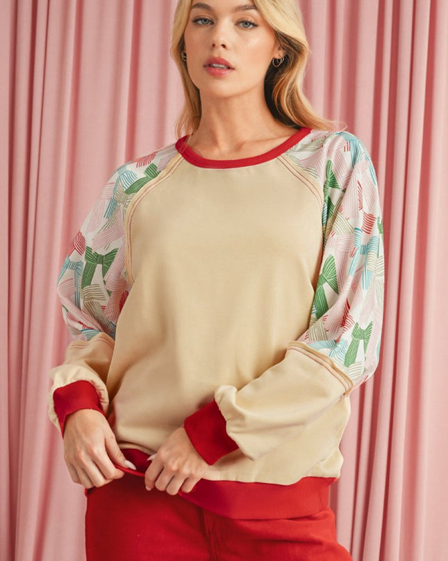 Beige Bowknot Print Patchwork Raglan Sleeve Top - Sleekdenim.com