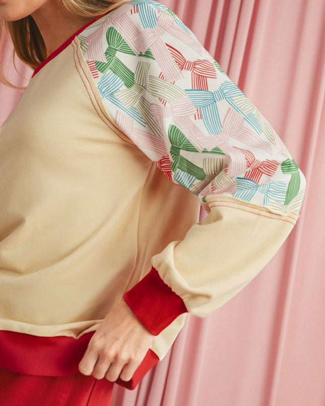 Beige Bowknot Print Patchwork Raglan Sleeve Top - Sleekdenim.com