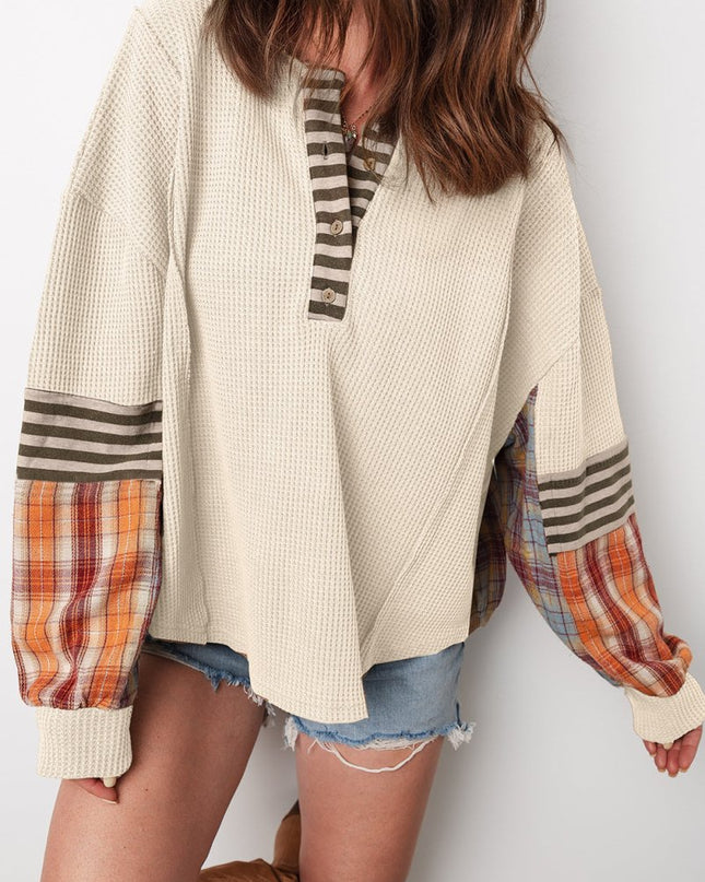 Beige Waffle Stripe Plaid Patchwork Henley Top - Sleekdenim.com